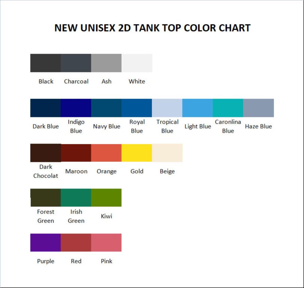 tank top color chart - King of the Hill Store